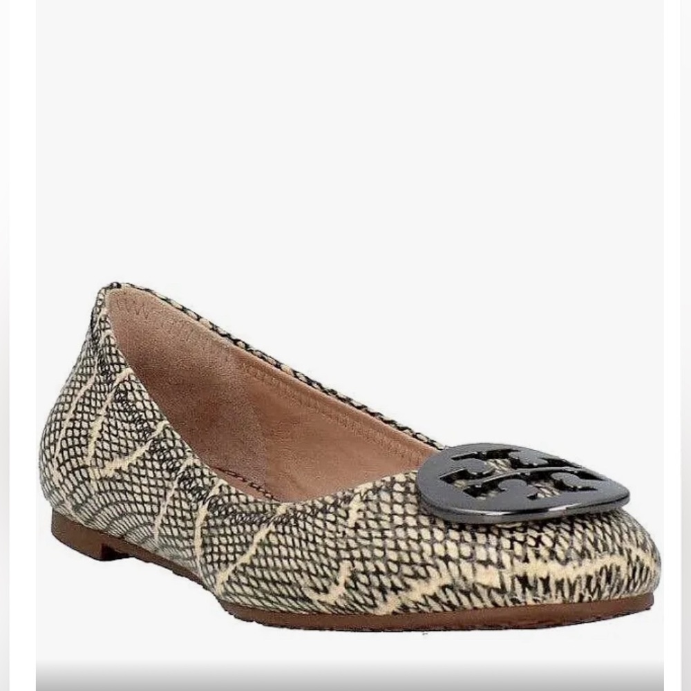 Tory Burch Reva Ballet Flats in Cobra Print Black Natural with Pewter Logo 8